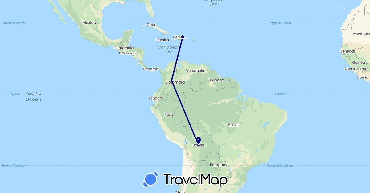 TravelMap itinerary: driving in Bolivia, Colombia, Dominican Republic (North America, South America)